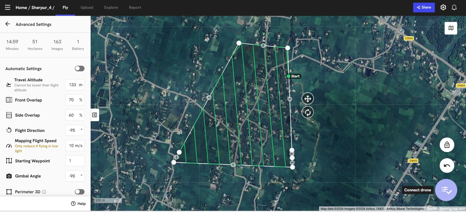 DroneDeploy area-mapping flight plan with parallel flight lines