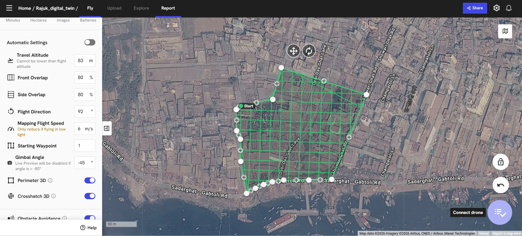 DroneDeploy urban three-dimensional mission with perimeter and crosshatch flight lines